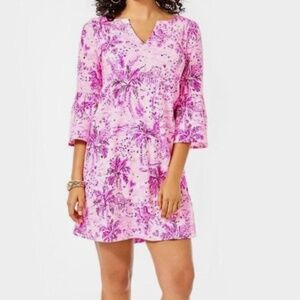 NWT Lilly Pulitzer Tosha Cotton Dress Ruffle 3/4 Sleeve Pink Blossom Sz S